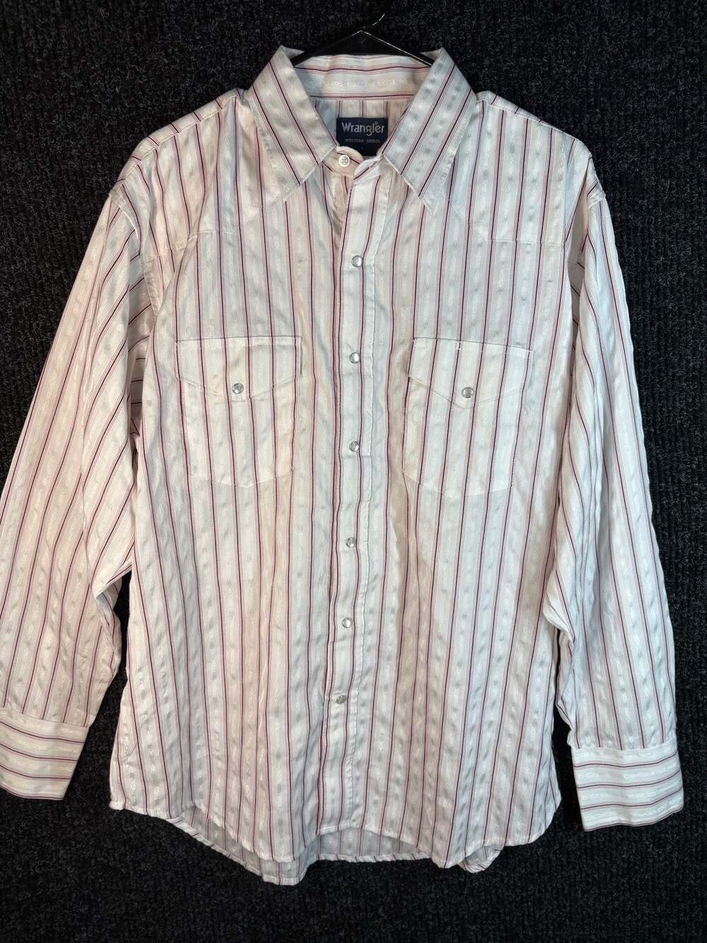 Wrangler Men's White and Maroon Striped Long Sleeve Pearl Snap Shirt
